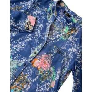 KUT from the Kloth Blue Floral Sheer Button Up Shirt Women's Size S Blouse light